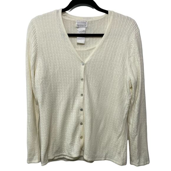 2 Piece Cardigan Sweater Set Long Sleeve T-Shirt Top Cream Knit Large Fisherman - Picture 1 of 15